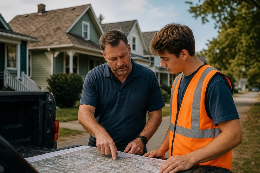 A roofing company owner in a work polo and a canvasser in a hi-vis vest stand at a truck tailgate in a suburban neighborhood, looking over a printed street map together while a few houses with older s